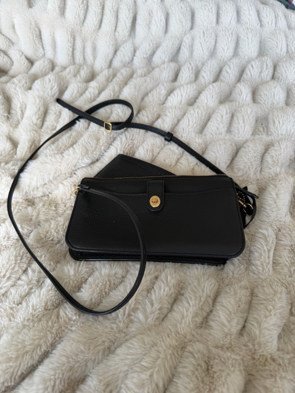 Coach Black Leather Crossbody Wallet with Gold Hardware